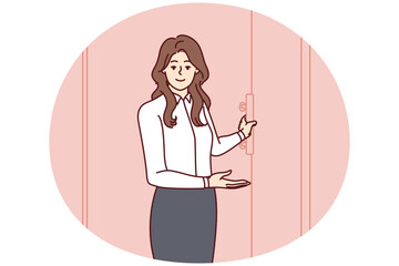 Hospitable woman secretary opens door invites visitors to come into office. Hostess girl in white shirt and skirt points to entrance recommending visit to good restaurant. Flat vector design
