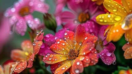 Bright and vibrant flowers in Calgary, Canada, adorned with sparkling water droplets.
