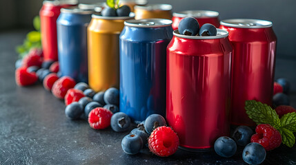 Ready to drink cocktails. A row of aluminum cans with raspberries and blueberries and mint leaves.