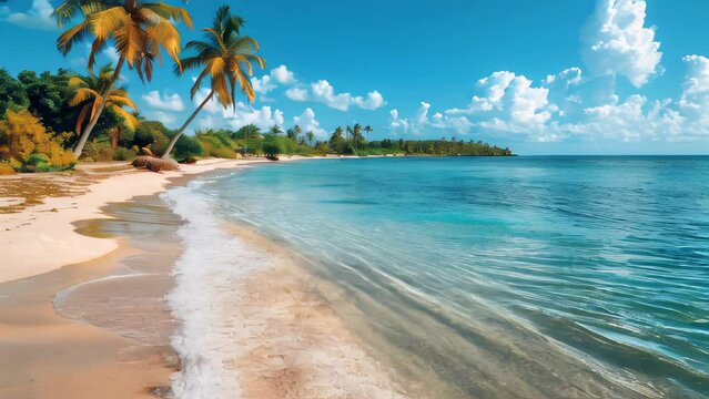 Sandy Beach With Palm Trees and Blue Water