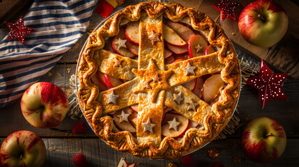 A homemade apple pie with a star-spangled crust symbolizing 4th of July celebrations. - obrazy, fototapety, plakaty
