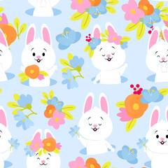 Spring seamless pattern of Easter bunnies and flowers on a blue background
