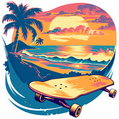 Skateboard on the beach with palm trees. Vector illustration.