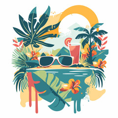 Sunglasses and palm trees on the beach. Vector illustration.