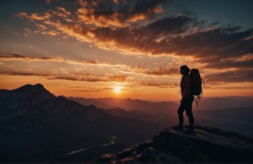 Obraz premium silhouette of female hiker standing at the top of a mountain during sunset - success and perseverance