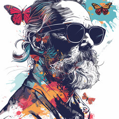 Stylish hipster man with mustache, sunglasses and butterfly. Vector illustration.