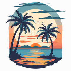 Tropical beach with palm trees and sunset. Vector illustration.