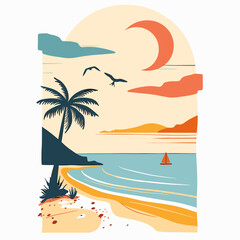 Fototapeta na wymiar Tropical beach with palm trees, sailboat and sunset. Vector illustration