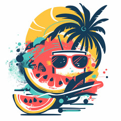Vector illustration of summer background with watermelon, sunglasses and palm tree.