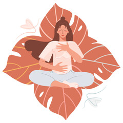 Abdominal Breathing. Young woman practice deep breathing. Breath Awareness Exercise. Vector Flat Illustration.