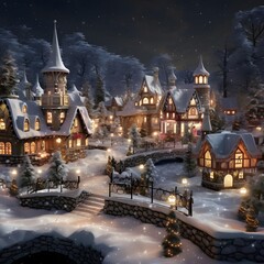 Digital painting of a winter village at night with snow covered houses and trees