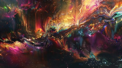 Dreamy and abstract artwork with a mix of shimmering colors that reflect off of a glass-like surface on a dark background.