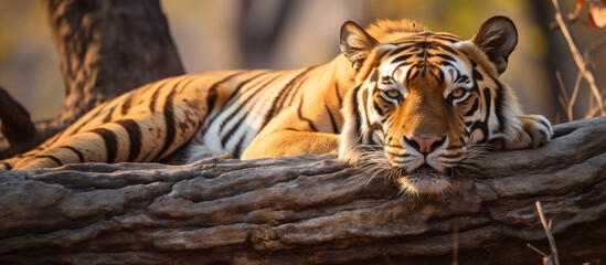 A Bengal tiger, a terrestrial carnivore from the Felidae family, with whiskers, is resting on a log in the woods near water. This big cat belongs to the species of Siberian tiger - Powered by Adobe