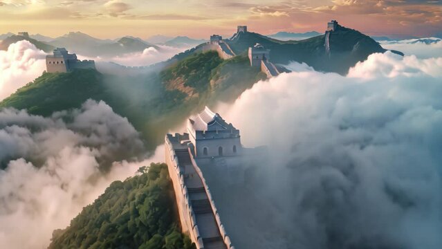A stunning aerial perspective captures the grandeur and history of the Great Wall of China, The Great Wall of China in the mist, lying long, surrealist view from drone photography, AI Generated