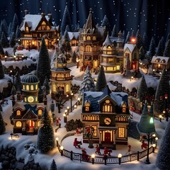Merry Christmas and Happy New Year. Christmas village with houses in the snow