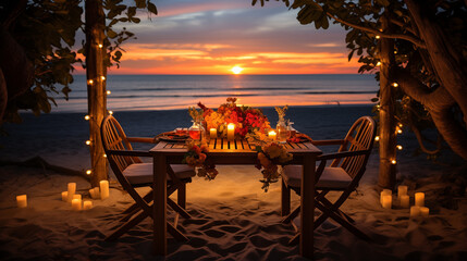 sunset on the beach, A beachside table set for a special celebration, whether it’s a wedding reception, anniversary dinner, or tropical party, with the sun setting over the water, casting a warm glow  - obrazy, fototapety, plakaty