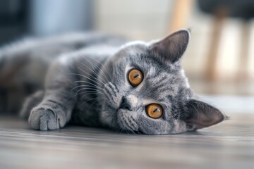 A grey british shortair cat lying down looking at the camera - obrazy, fototapety, plakaty