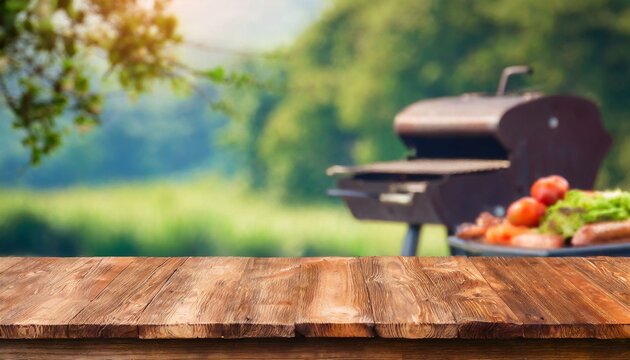 empty wood table top with blurry barbeque grill background, blank counter for product montage advertising