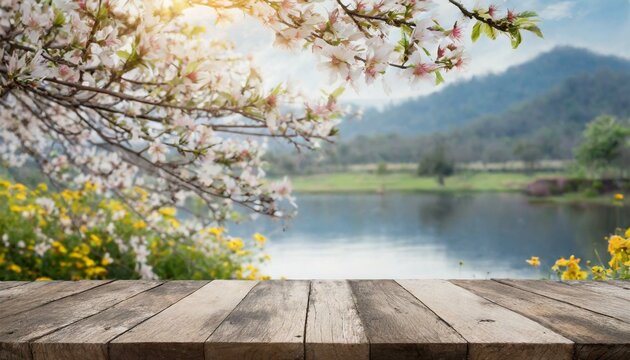 empty pine wood table top with blurry spring landscape background, blank counter for product montage advertising