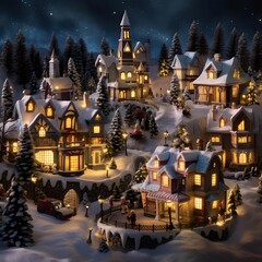 Snowy winter night in the village. 3d render illustration.