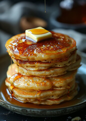 Savory Pancakes with Melted Butter and Maple Syrup Cascade