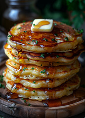 Savory Pancakes with Melted Butter and Maple Syrup Cascade