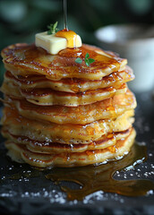 Savory Pancakes with Melted Butter and Maple Syrup Cascade