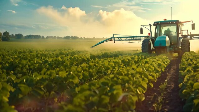 Tractor Spraying Crops in Field, Agricultural Work in Action, Tractor spraying pesticides fertilizer on soybean crops farm field in spring evening, AI Generated