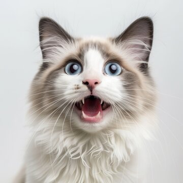 A ragdoll cat surprised on white background