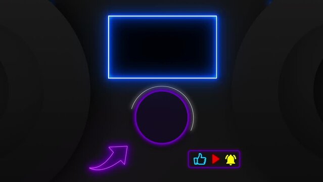 Blue and purple neon end screen. Subscribe button and outro for gaming and video channels