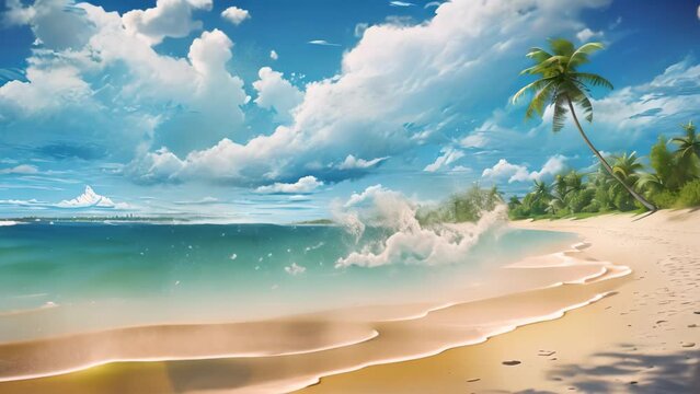 This photo showcases a vibrant painting of a tropical beach, featuring lush palm trees against a clear blue sky, tropical beach panorama, seascape with a wide horizon, AI Generated
