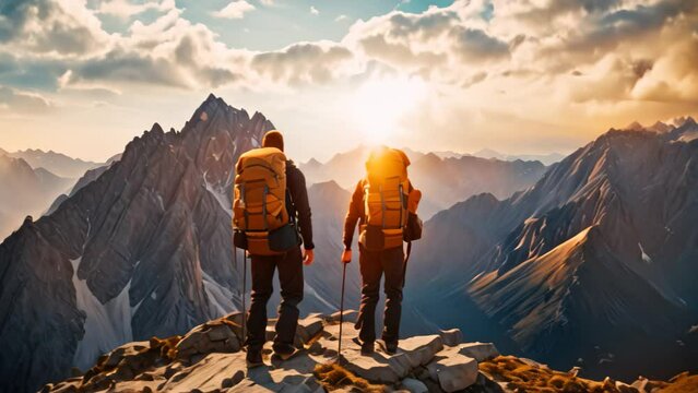 Two hikers proudly standing at the peak of a mountain, wearing backpacks and enjoying the breathtaking view, Two mountaineers standing on a mountain with large backpacks, AI Generated