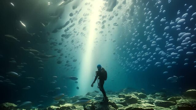 A person stands surrounded by a multitude of fish in a captivating underwater scene, Underwater, divers, shoals of fish, 8k Ultra HD, AI Generated