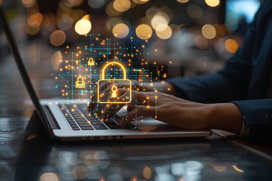 Cyber security network. Data protection concept. Businessman using laptop computer with digital padlock on internet technology networking with cloud computing and data management