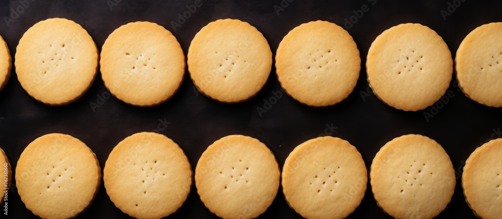Poster a line of crackers is arranged on a dark surface, resembling a circle with a font of wood. this even