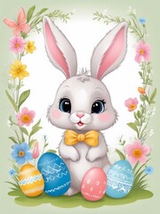 Cute holiday greeting card illustration for Easter with a cute cartoon Easter bunny