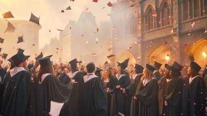 A jubilant group of graduates celebrate their accomplishments by throwing their caps high into the air, University graduation celebration, AI Generated