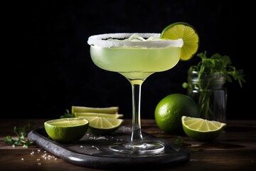 Cocktail Margarita, lime and mint on a dark background.