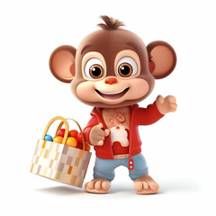 Fototapeta premium 3d rendering of a cute cartoon monkey with a basket of eggs