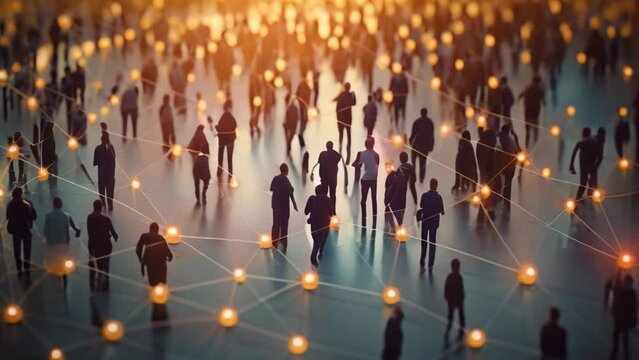 A photograph capturing the scene of a network where a significant number of people are standing around, View of a crowd with a network of connections, AI Generated