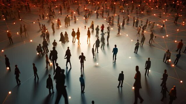 A diverse and united assembly of individuals standing together in a circular formation, View of a crowd with a network of connections, AI Generated