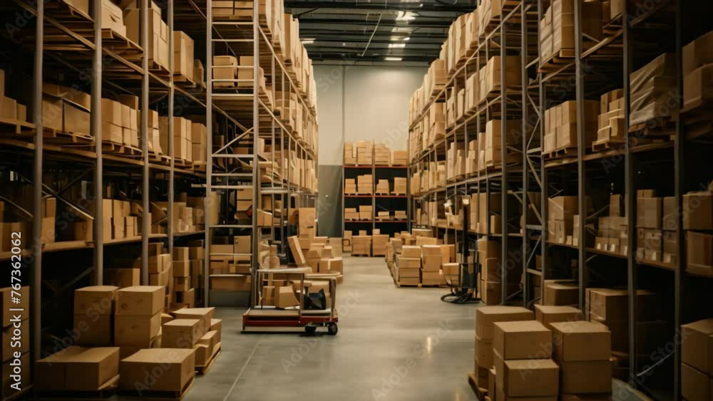 Poster an immense storage facility filled to the brim with a multitude of boxes, creating a dizzying visual