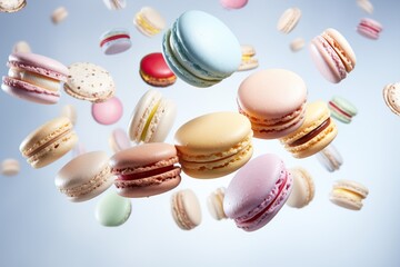 Obraz premium Macaron cake with crumbs on a blue and pink background. Levitating dessert.