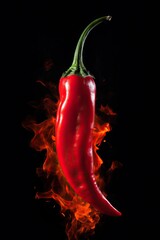 Red chili pepper in fire flame isolated on black background