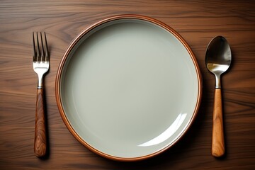 Empty plate, knife and fork on the table. View from above