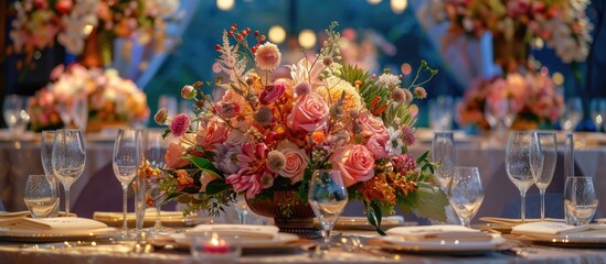 Wedding floral arrangement for reception dinner and celebration