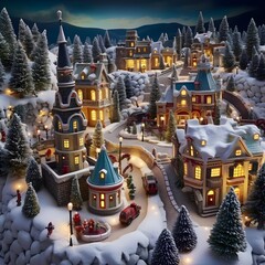 Christmas and New Year miniature village with houses and trees under snowfall