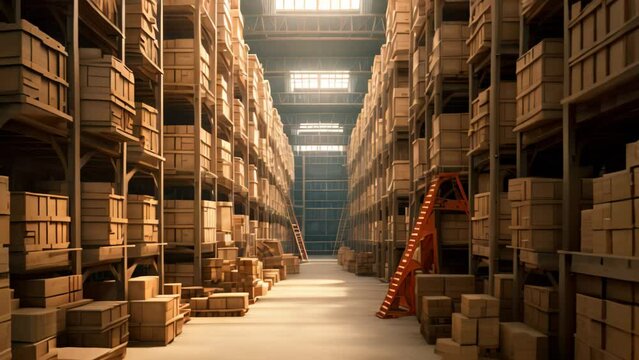 Capture of a vast storage facility bustling with numerous boxes, showcasing its ample capacity for item storage, Warehouse with rows of shelves and wooden boxes, AI Generated