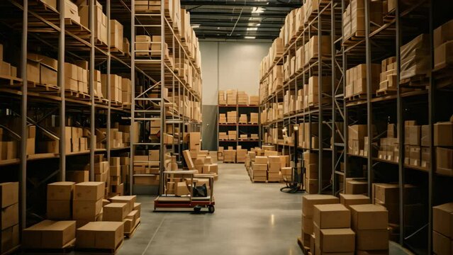 An immense storage facility filled to the brim with a multitude of boxes, creating a dizzying visual spectacle, Warehouse with rows of shelves and wooden boxes, AI Generated