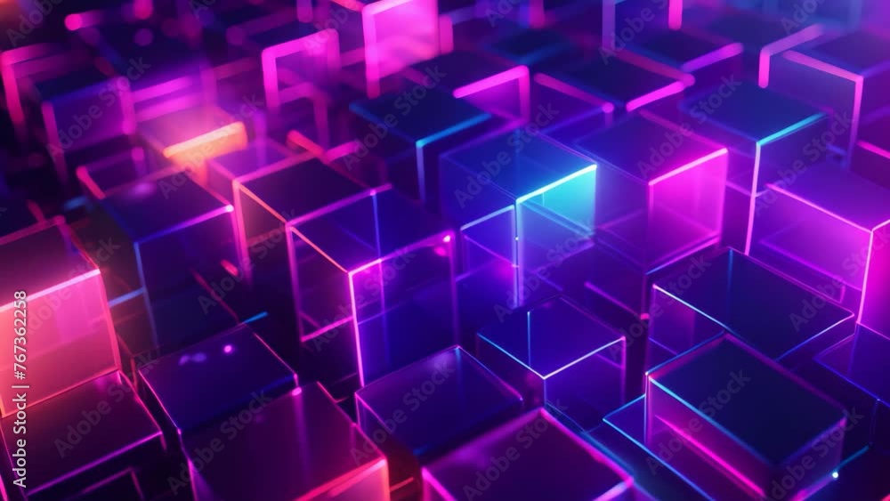 Poster 3d rendering of abstract geometric background with neon glowing cubes in dark space, 3d illustration